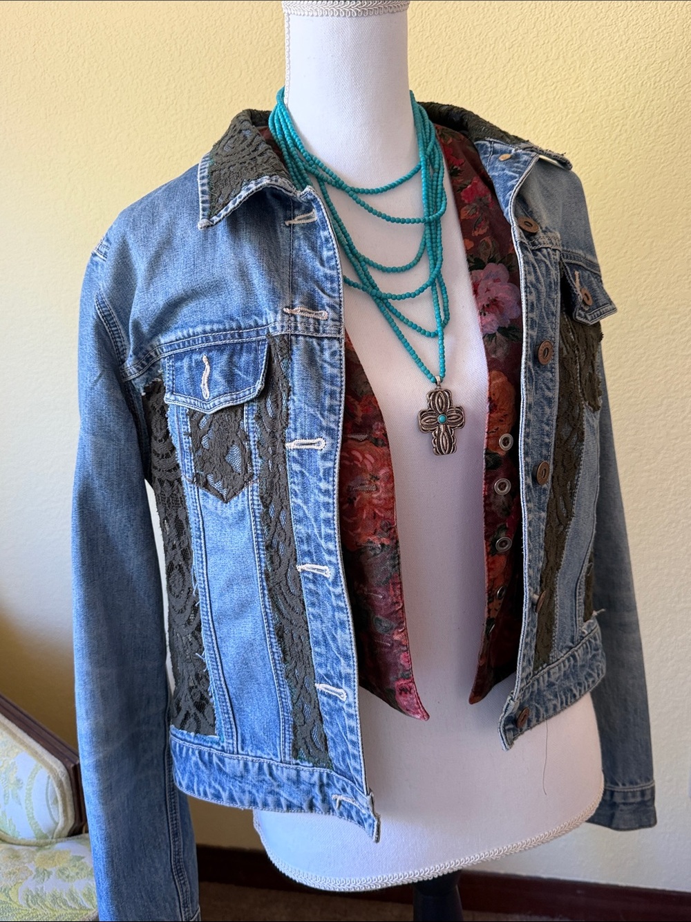 Denim Jacket with Olive Lace Insets - Women's Jacket